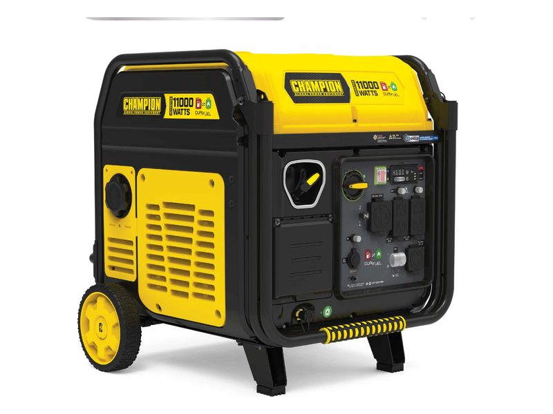 A yellow and black Champion 11,000-watt inverter generator with wheels and a front control panel