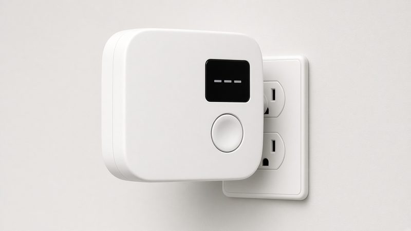 A white plug-in alarm with a small digital display and a round button, plugged into a wall outlet