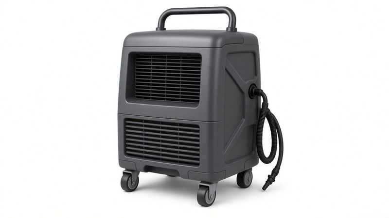 Rotomolded commercial LGR dehumidifier on wheels with a handle and pump hose