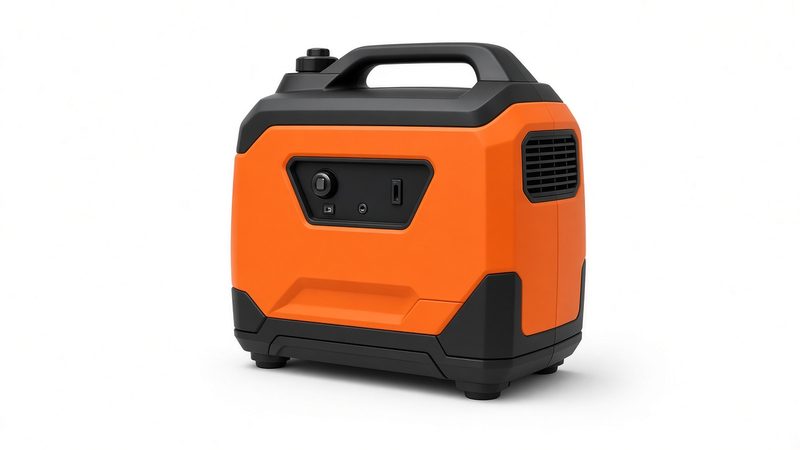 A small closed-case portable inverter generator in orange and black with a carry handle on top