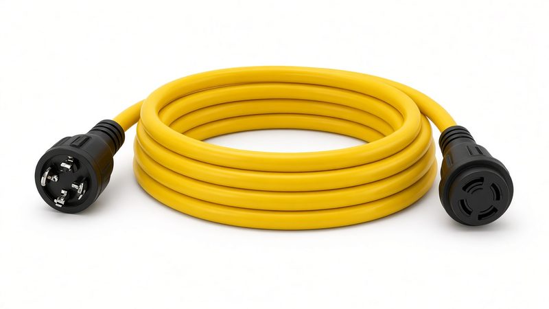 A coiled yellow heavy-duty power cord with a round twist-lock plug on one end and a twist-lock connector on the other