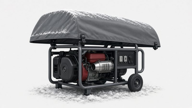 A wheeled open-frame portable generator under a gray fitted cover, on snowy ground
