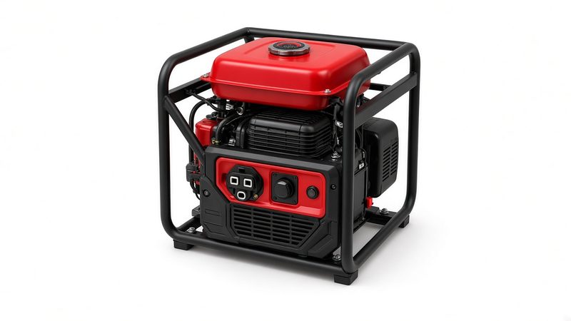 A red and black open-frame gas generator in a black tube frame with the fuel tank on top