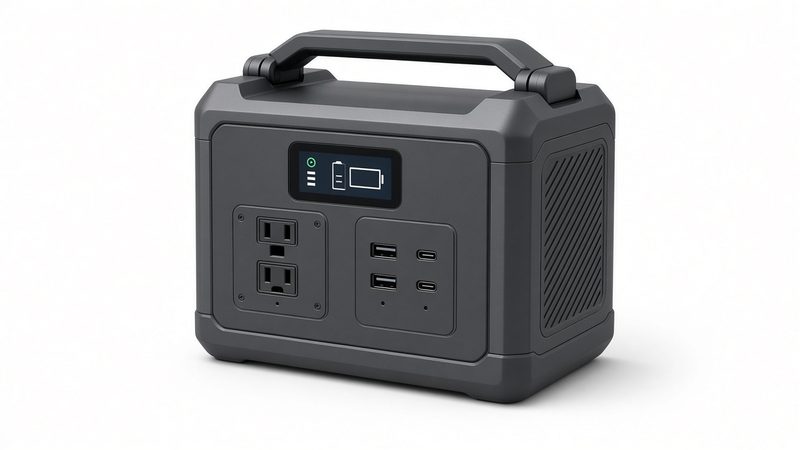 A dark gray portable power station with a carry handle, a small display and AC and USB outlets on the front