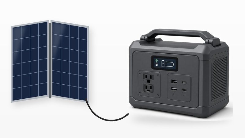A dark gray portable power station with a carry handle and AC and USB outlets, connected by a cable to a folding solar panel