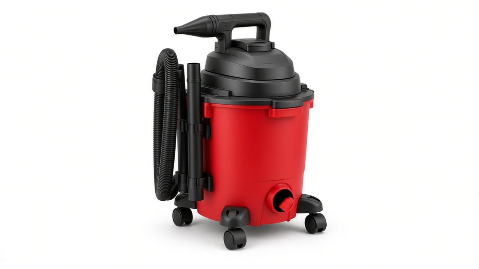 A red 16-gallon shop vacuum with a detachable handheld blower docked on top