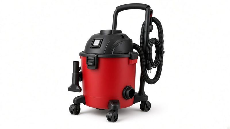 A red and black 16-gallon wet/dry shop vacuum with a hose on wheels