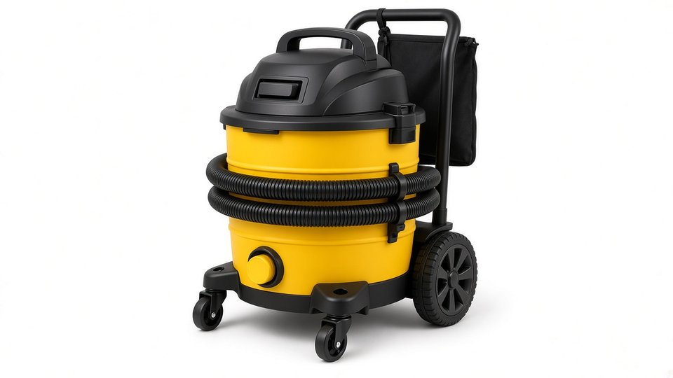 A yellow and black 16-gallon shop vacuum with a push handle, rear wheels and a wrapped hose