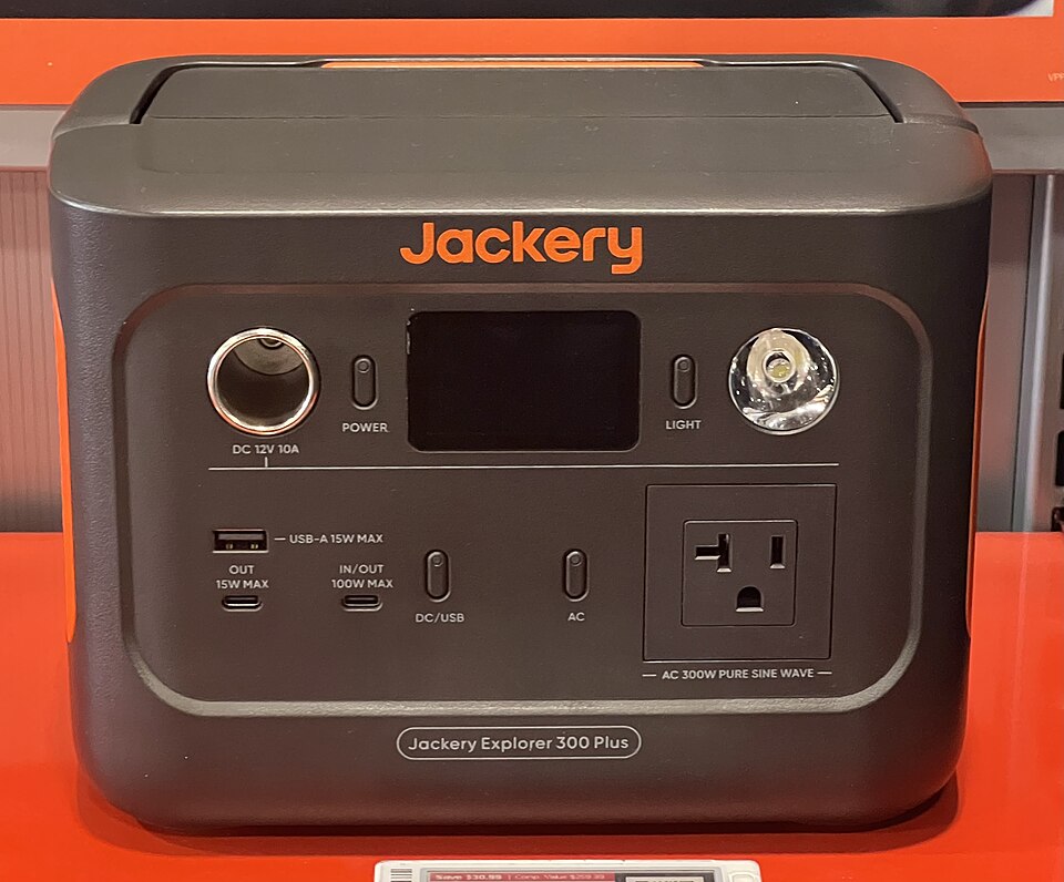 A dark gray Jackery Explorer 300 Plus power station with a display, USB ports and an AC outlet on the front, for storm prep in Daphne, AL
