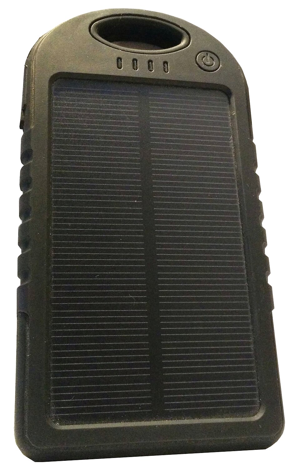A dark green handheld power bank with a solar panel on its face, for storm prep in Daphne, AL